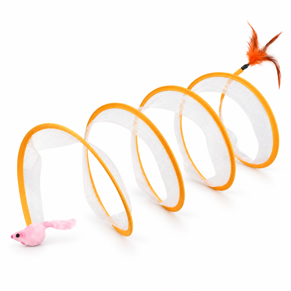 Tunnel pliable pour chat en maille avec souris et plumes