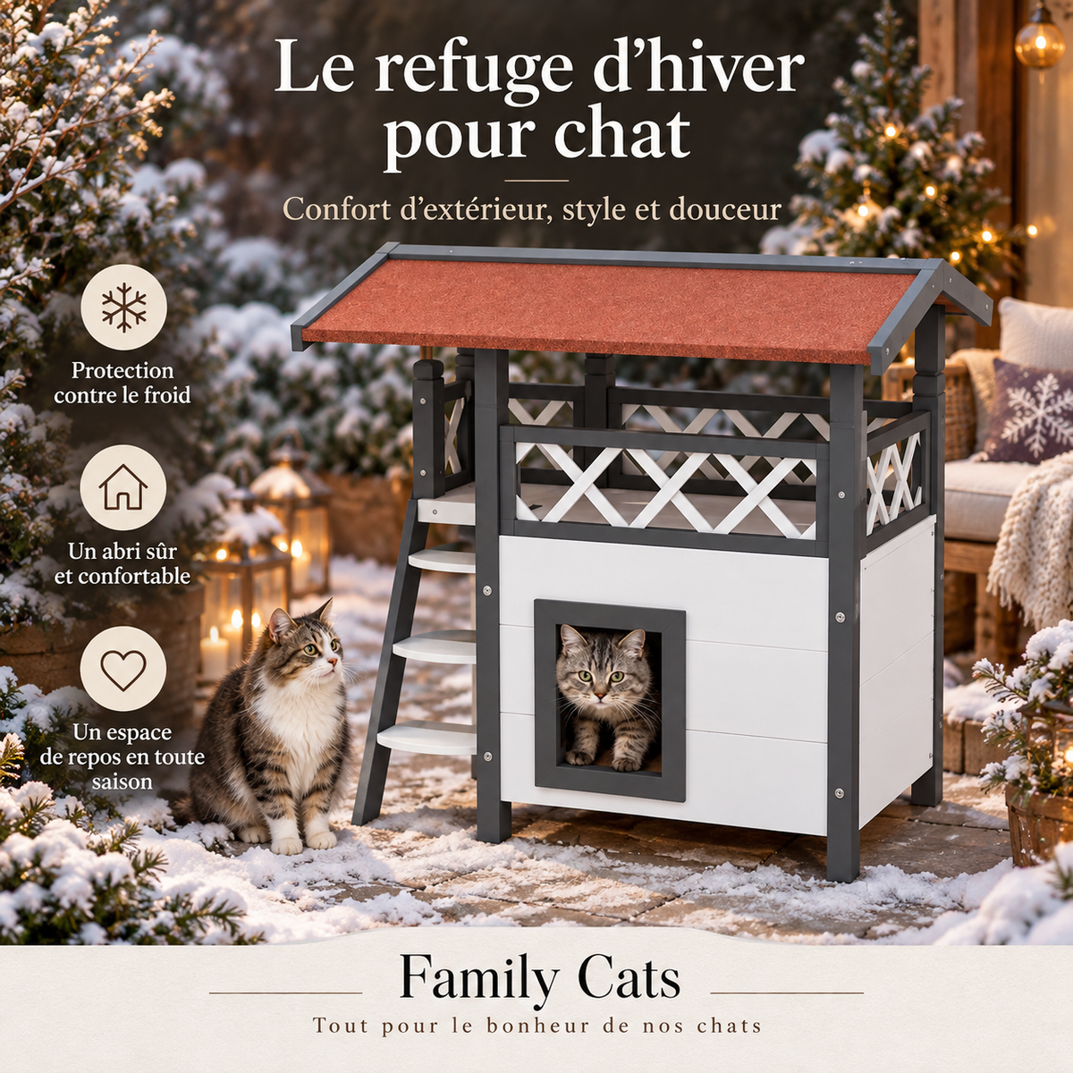 Niche d’extérieur pour chat en bois avec balcon couvert