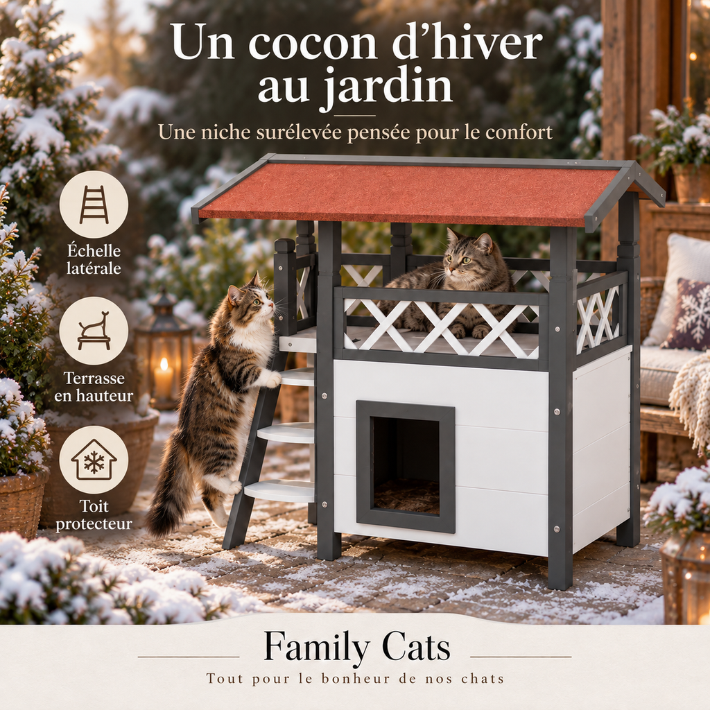 Niche d’extérieur pour chat en bois avec balcon couvert