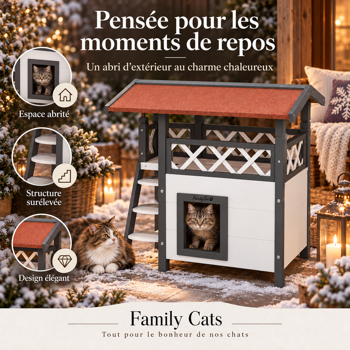 Niche d’extérieur pour chat en bois avec balcon couvert