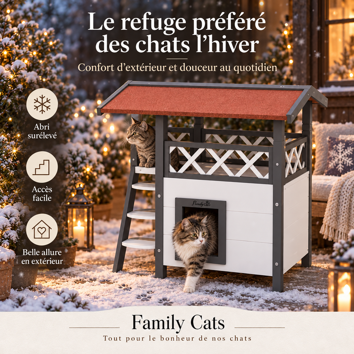 Niche d’extérieur pour chat en bois avec balcon couvert