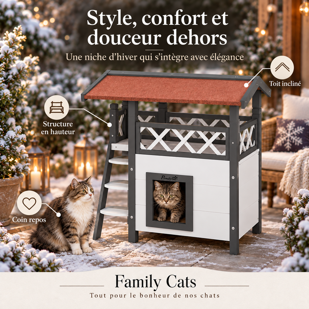 Niche d’extérieur pour chat en bois avec balcon couvert