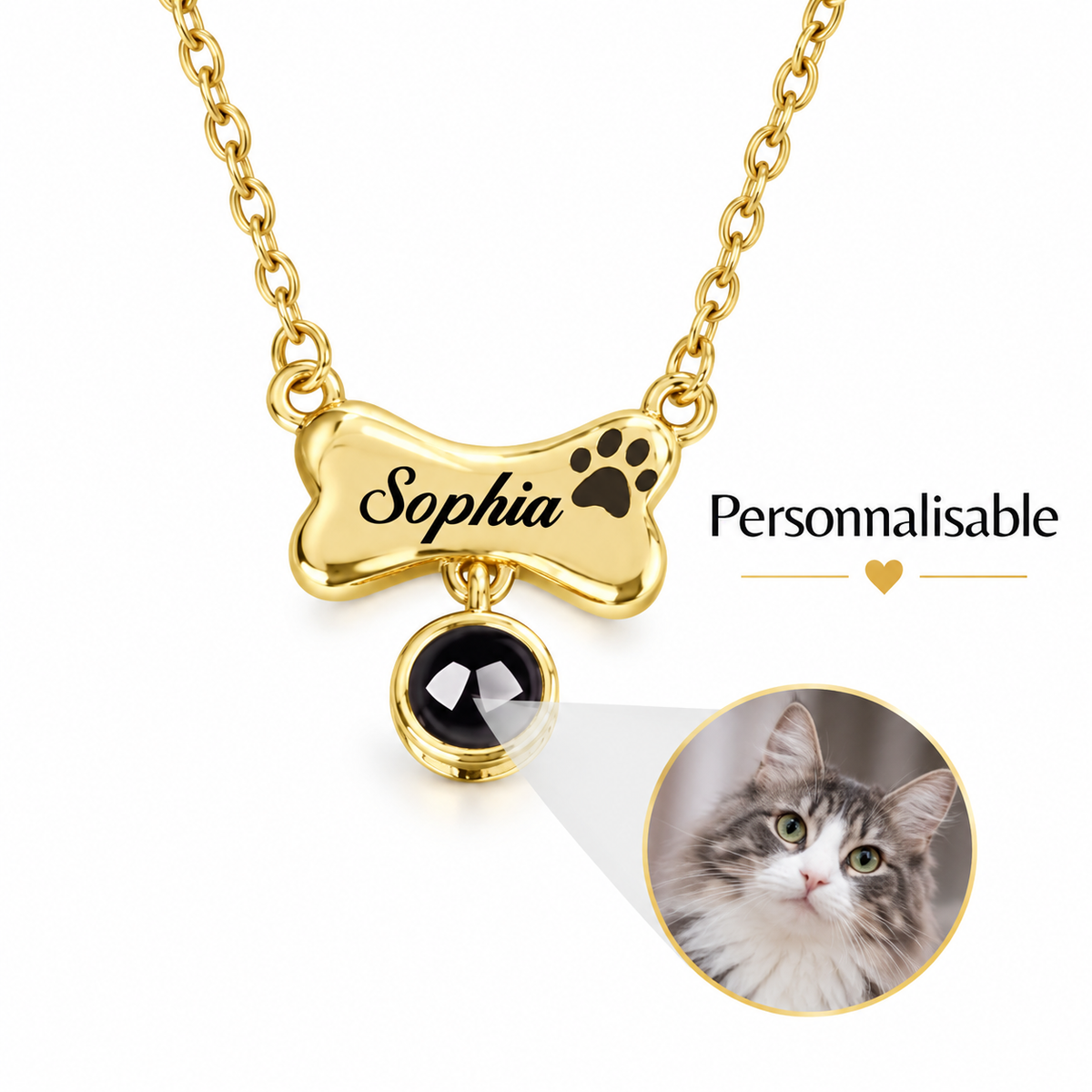 Collier cœur et patte personnalisé avec photo et prénom de votre animal