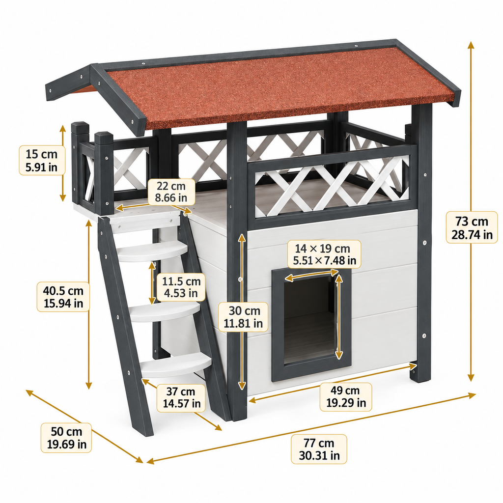 Niche d’extérieur pour chat en bois avec balcon couvert