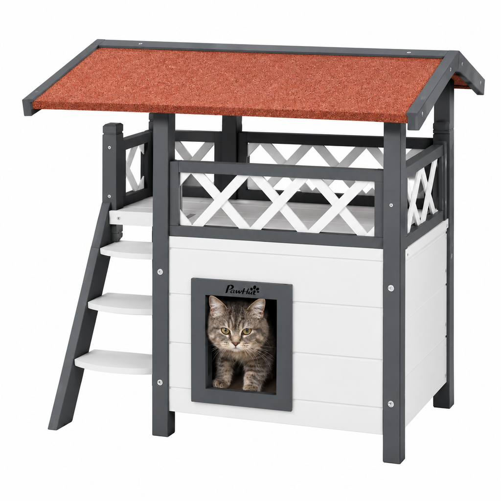 Niche d’extérieur pour chat en bois avec balcon couvert