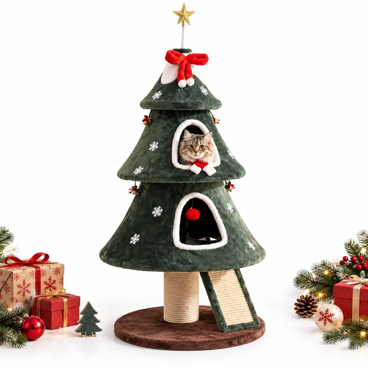 Arbre à chat de Noël en forme de sapin avec deux niches