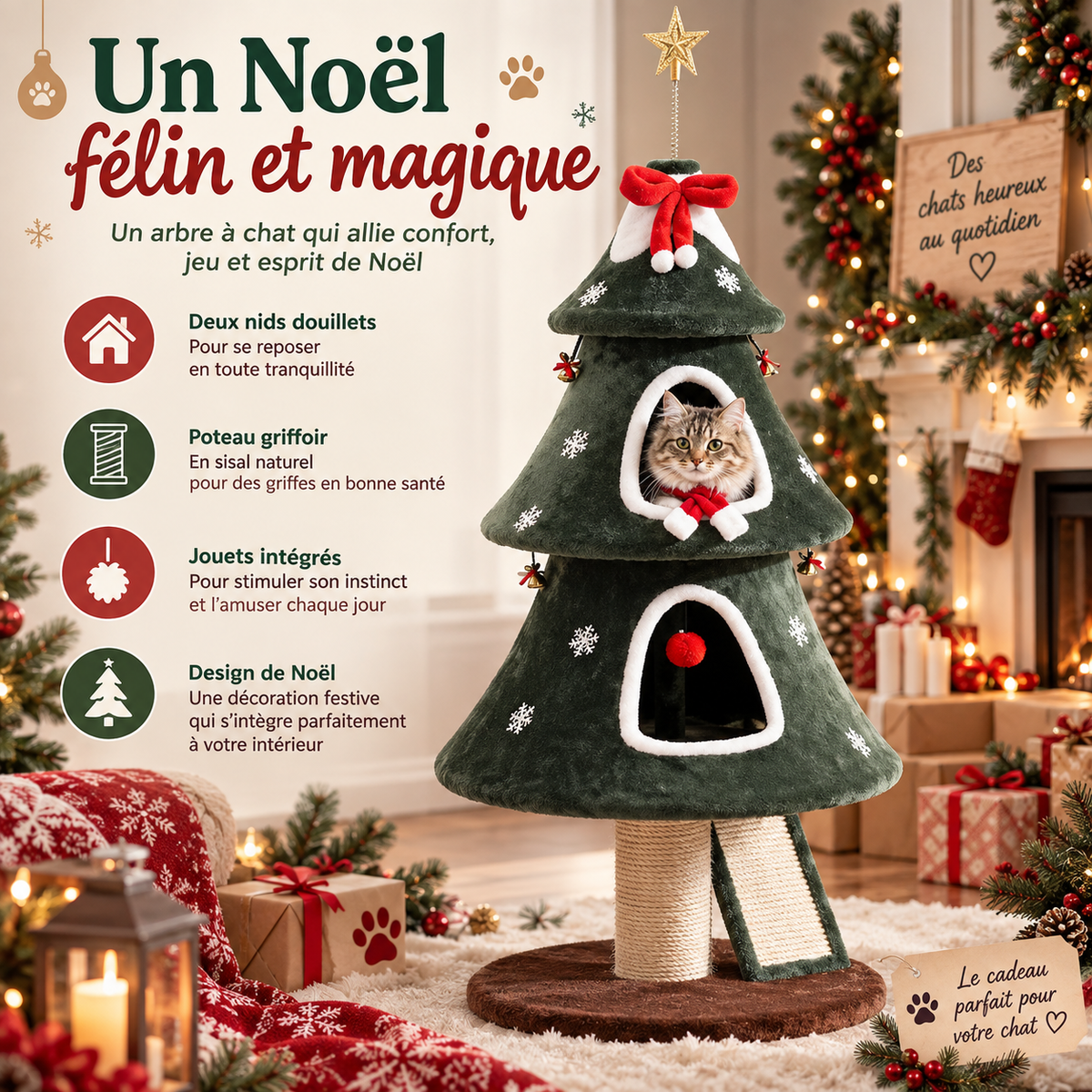 Arbre à chat de Noël en forme de sapin avec deux niches
